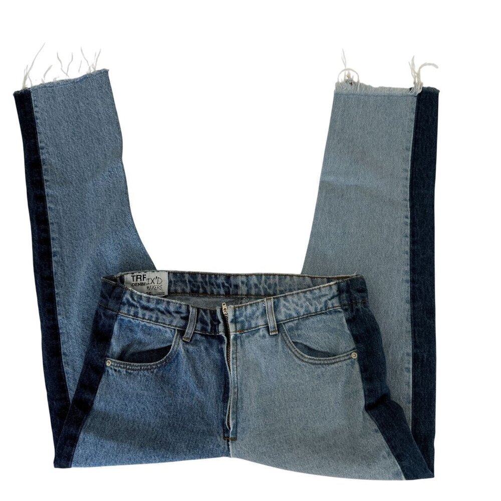 Zara Trf Denim Two Tone Raw Hem Distressed Straight Leg Jeans - Picture 4 of 8